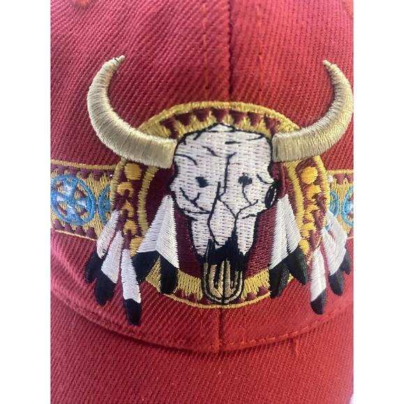 American Indian Native Pride Ball Cap Red Buffalo Skull Embroidered Adjustable - Picture 6 of 8
